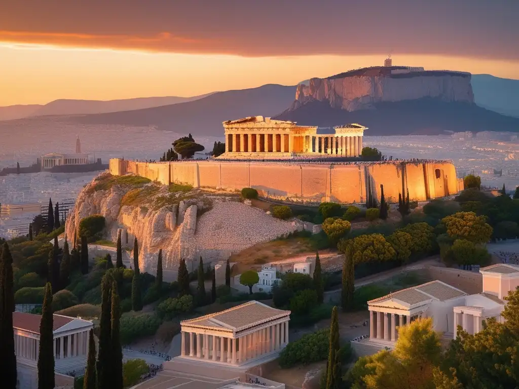 Vista impresionante de la antigua ciudad de Atenas, Grecia, durante la hora dorada