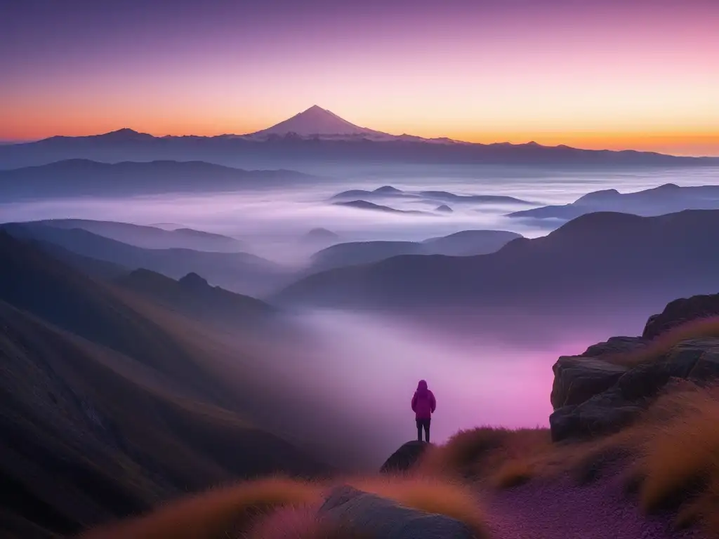 Paisaje sereno al amanecer con montañas cubiertas de niebla