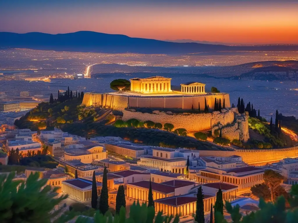 Vista impresionante de la antigua ciudad de Atenas, con el Parthenon y el Templo de Hephaestus destacando