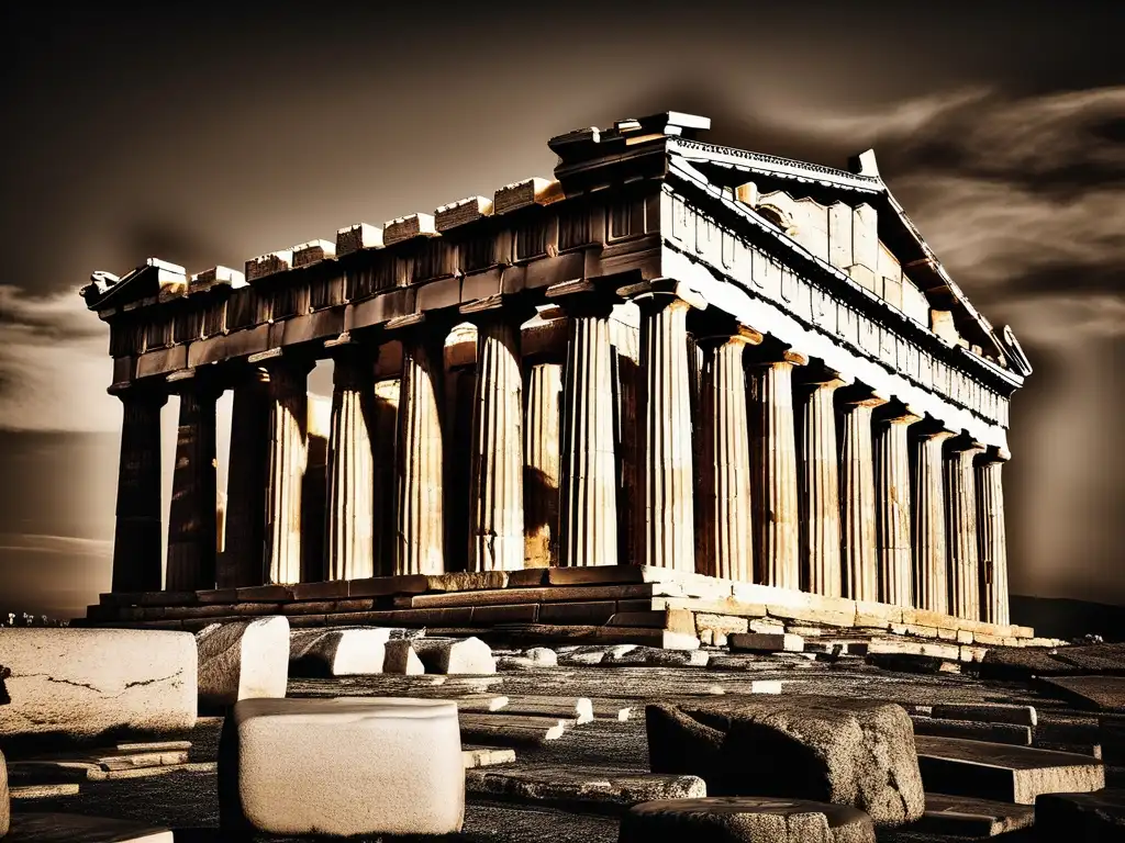 Explorando geografía Antigua Grecia: Parthenon en la Acropolis de Atenas, majestuoso templo antiguo bañado en luz dorada