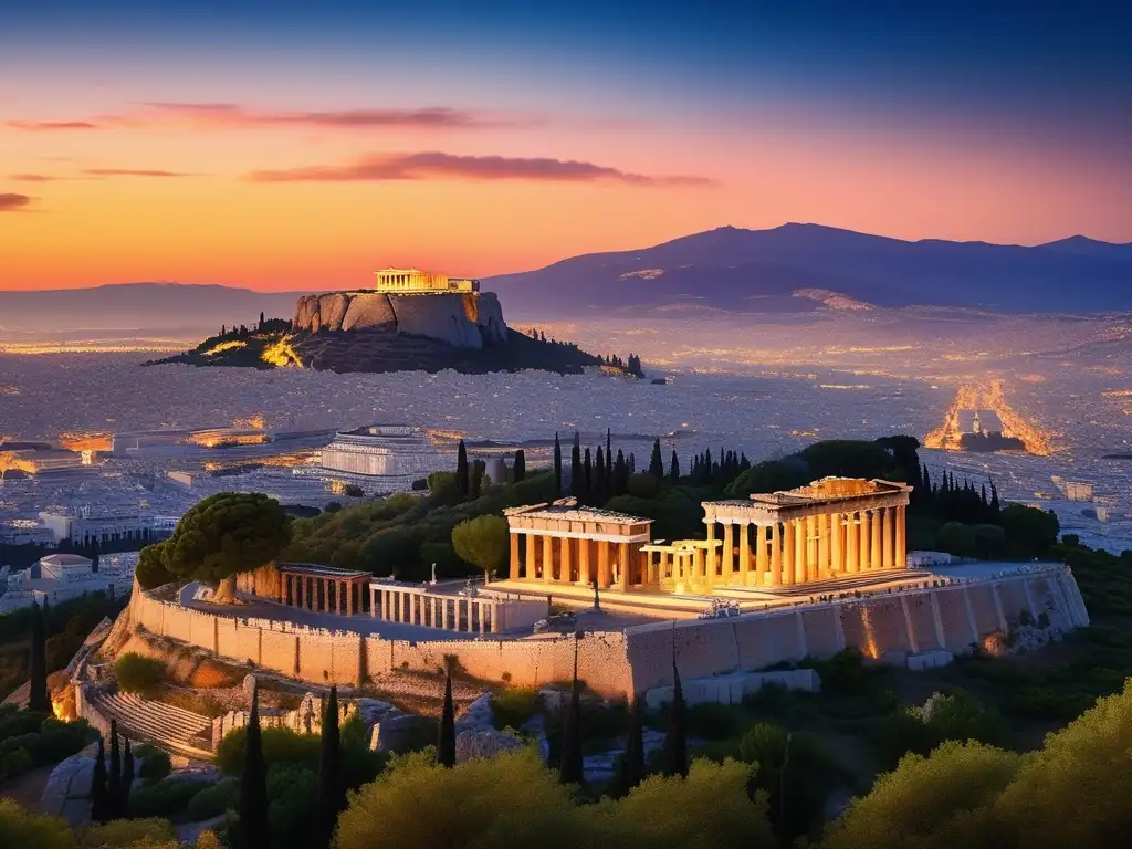 Paisaje antiguo de Atenas, cuna de la filosofía, con la Acropolis y el Parthenon