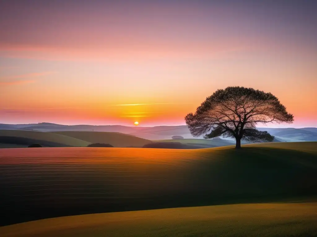 Hermoso amanecer sobre colinas, con árbol solitario y cielo pintado en tonos suaves