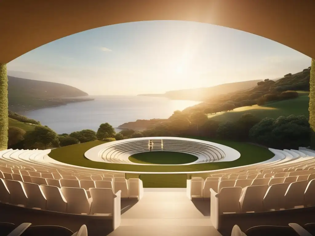 El coro en el teatro griego: una imagen impresionante de un anfiteatro dorado, rodeado de naturaleza y con un coro apasionado en el escenario