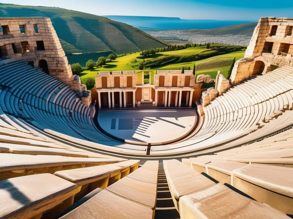 Importancia de la poesía coral en la Antigua Grecia: anfiteatro, naturaleza exuberante, columnas talladas, coro apasionado