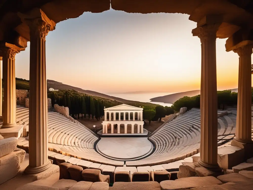 Influencia del teatro griego clásico: Anfiteatro griego iluminado con escena dramática