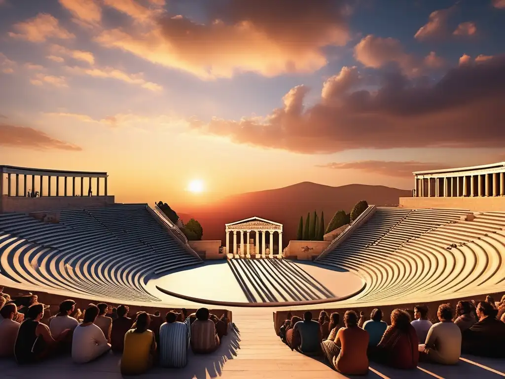 Imagen de un anfiteatro griego lleno de espectadores, con un cielo vibrante al atardecer