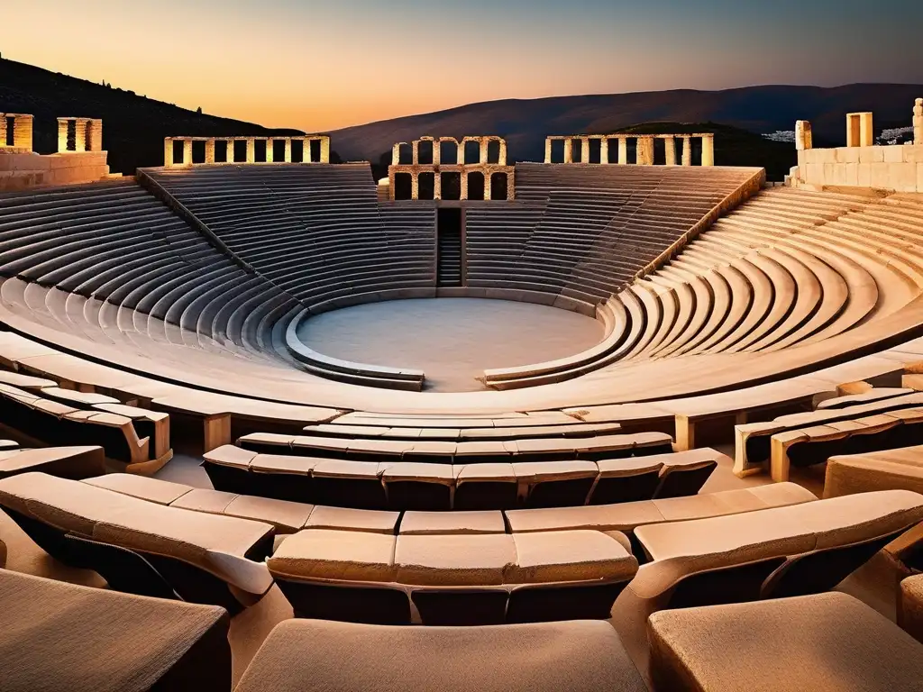 Importancia del teatro en la Antigua Grecia: Anfiteatro griego al atardecer, con una cálida luz dorada que resalta su arquitectura antigua