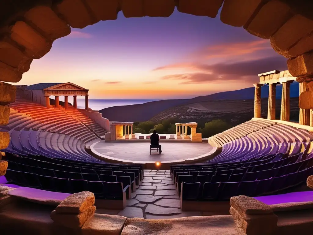 El papel del coro en el teatro griego: un anfiteatro griego al atardecer, con un músico solitario en el escenario con su lira