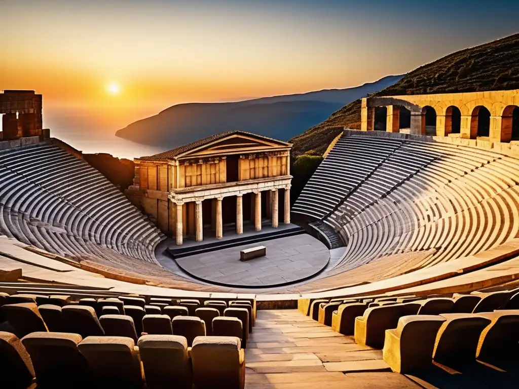 Un impresionante anfiteatro griego al atardecer con escenas de mitología y danzas de ninfas