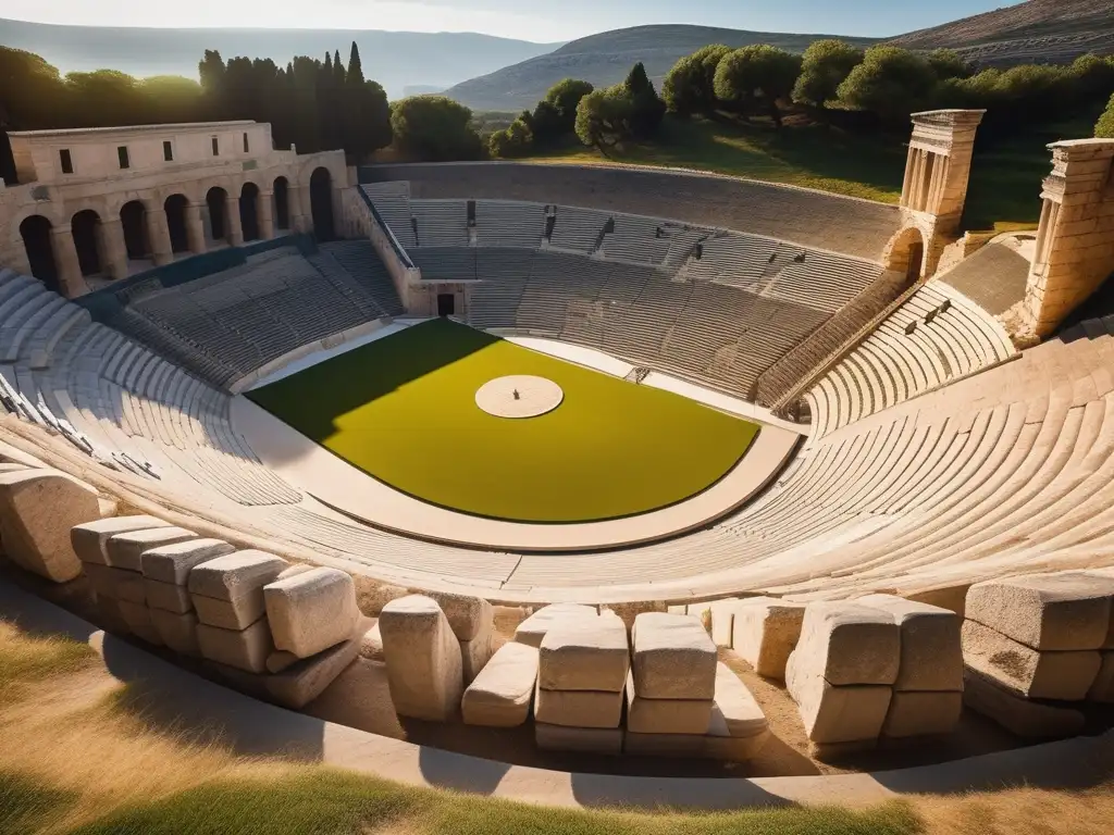 Vista impresionante de un antiguo anfiteatro griego con detalles ultrarrealistas (Filosofía de la tragedia antigua Grecia)