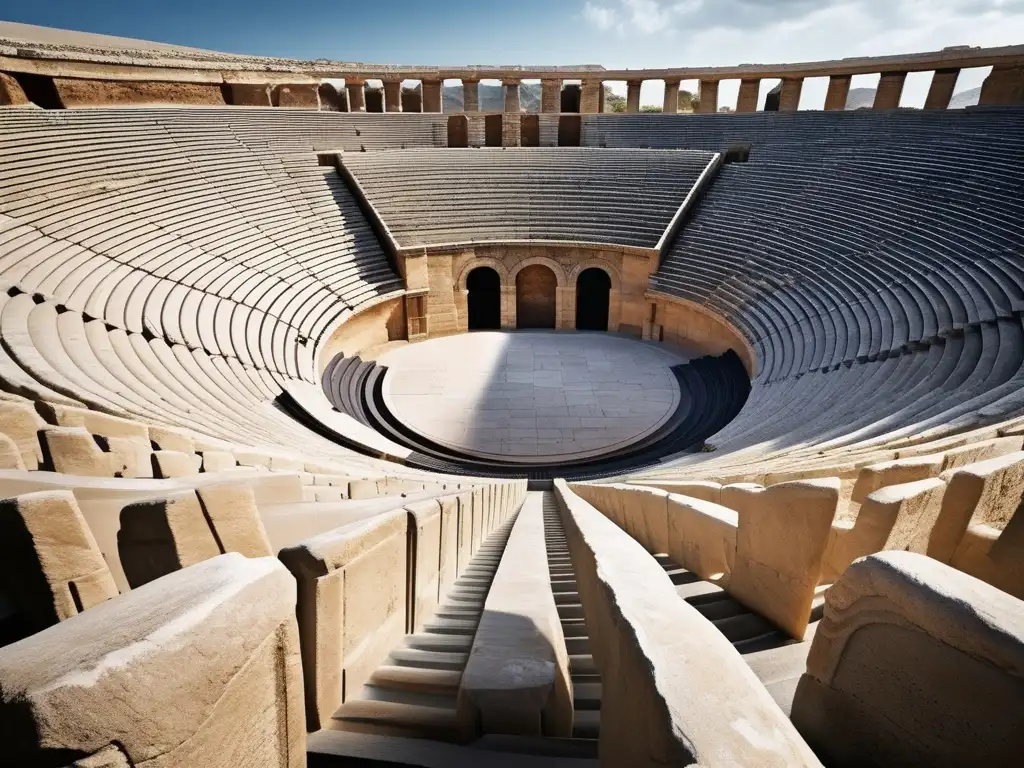 Importancia oratoria en Grecia: Anfiteatro antiguo griego, detallado y minimalista, destaca belleza arquitectónica, historia y diseño elegante