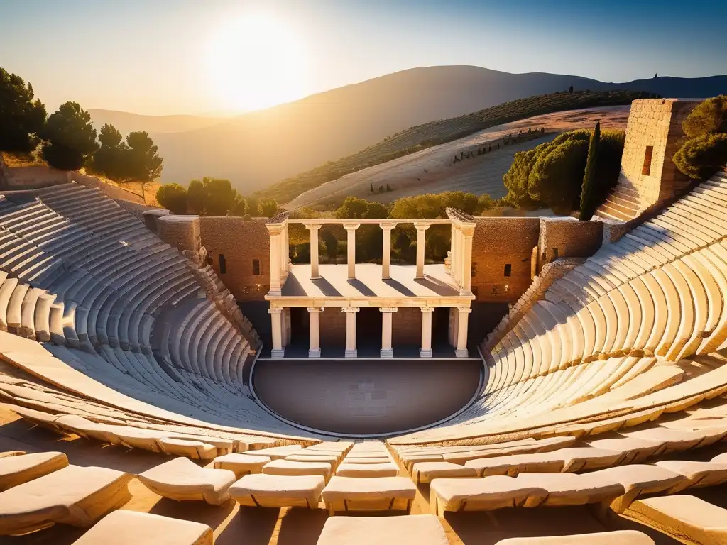 Importancia de educación y cultura en Grecia: anfiteatro griego iluminado por el sol atardeciendo, rodeado de olivos y colinas