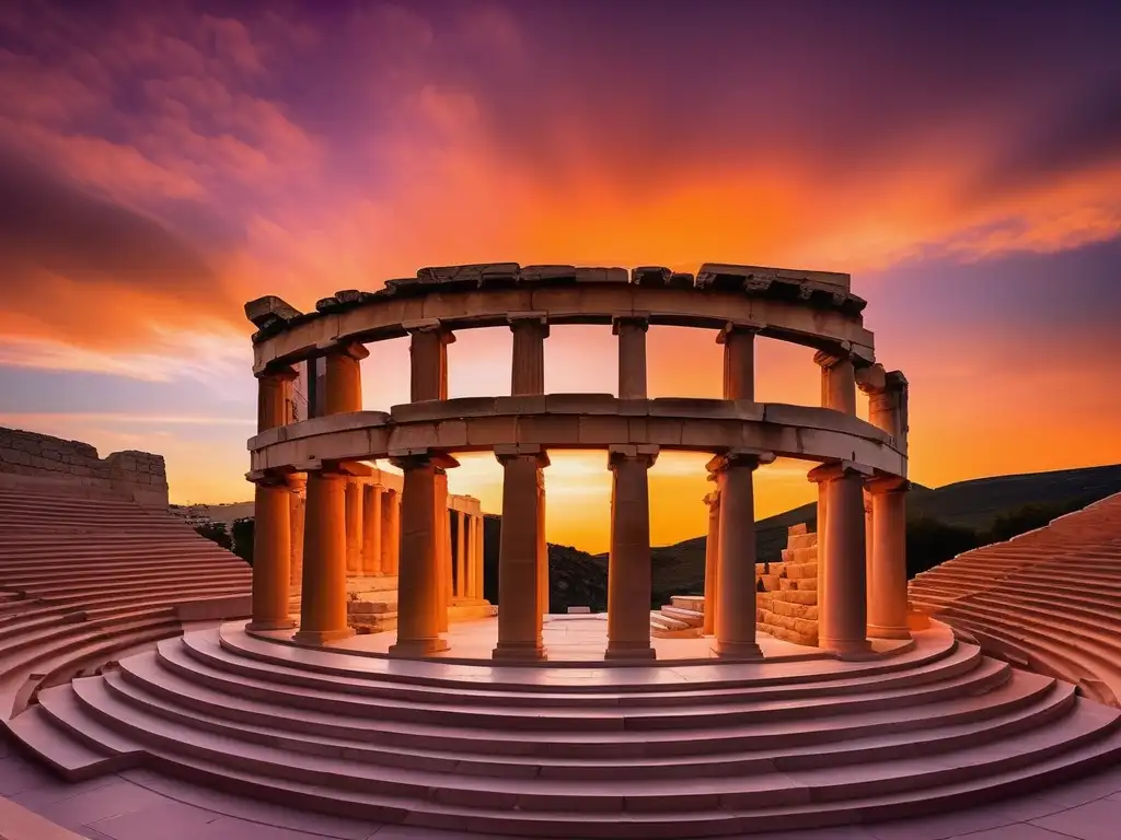 Imagen impresionante de un teatro griego al atardecer, destacando su arquitectura y obras emblemáticas