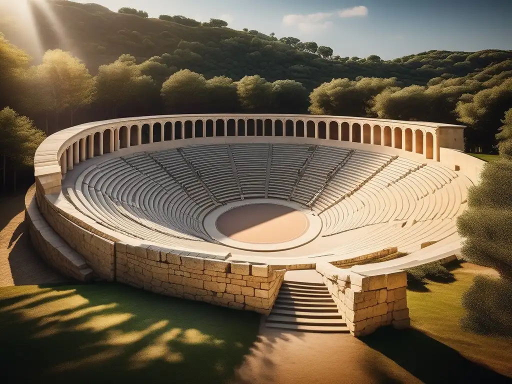 Anfiteatro griego antiguo con sombras de árboles y detalles realistas - Bacanales controversiales en la Antigua Grecia