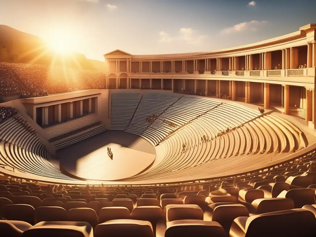 Fotorealista imagen del anfiteatro de la Antigua Grecia, iluminado por el sol dorado