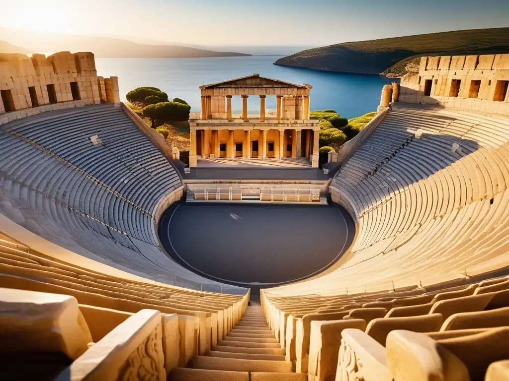 Festival Apolo Grecia: Anfiteatro griego antiguo bañado en cálida luz dorada, con detalles arquitectónicos y vista al mar