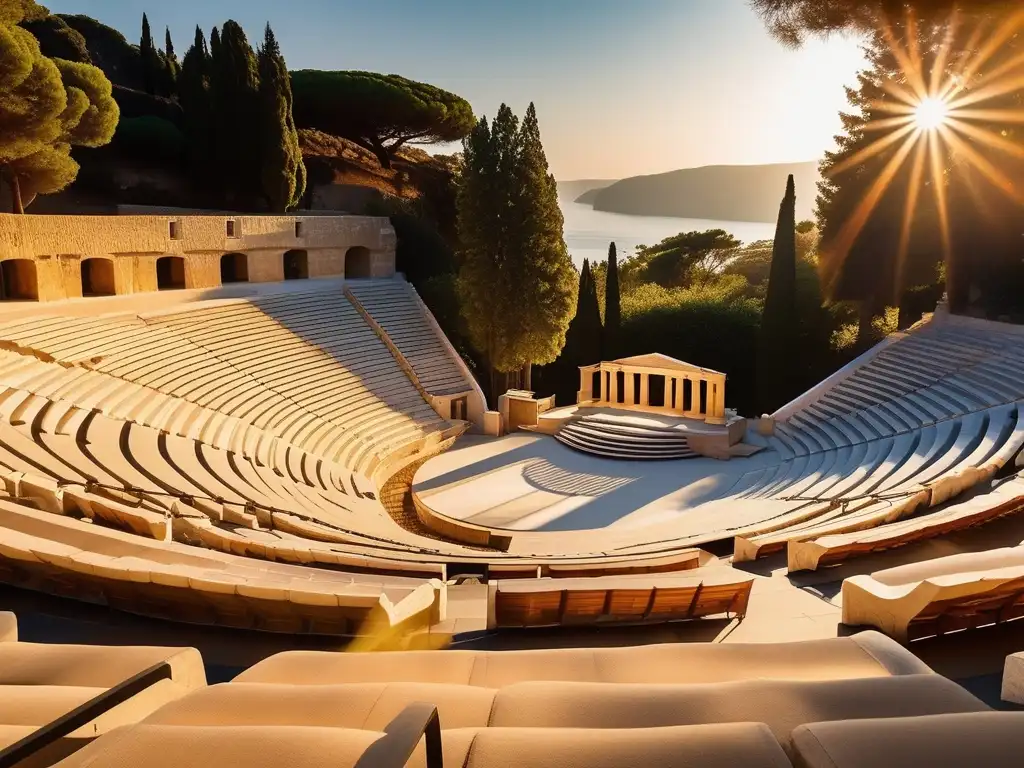 Retórica en Grecia: Anfiteatro dorado con asientos de piedra, árboles antiguos y orador en lectern