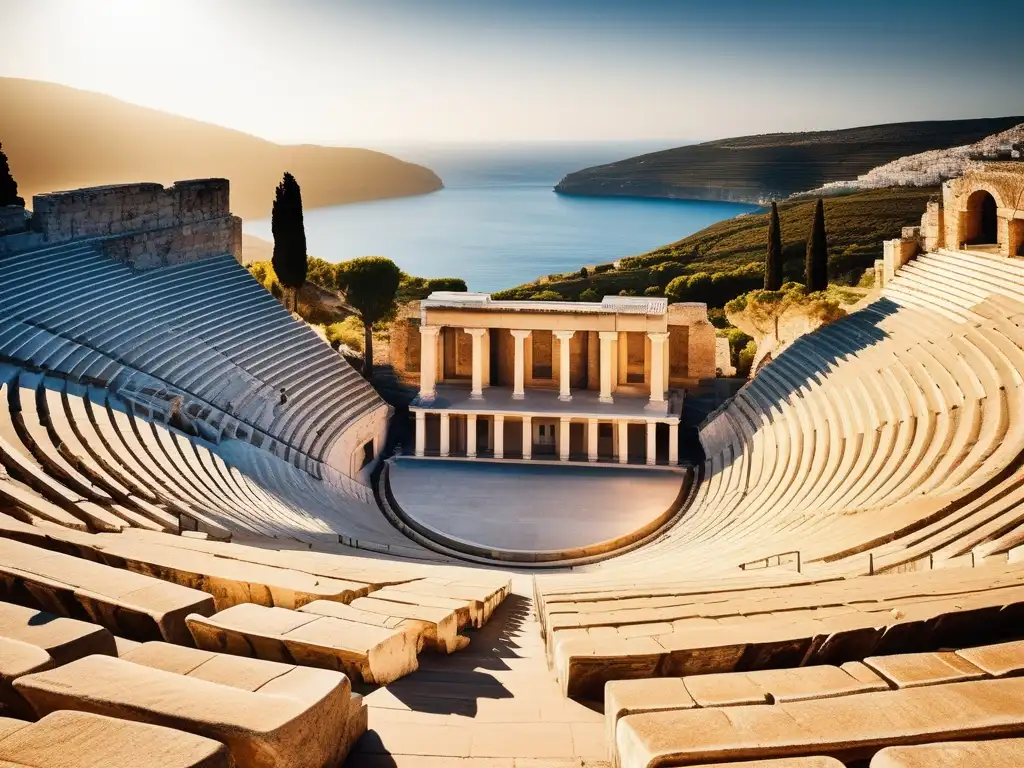 Imagen de un antiguo anfiteatro griego con luz dorada, rodeado de vegetación y con vista al mar