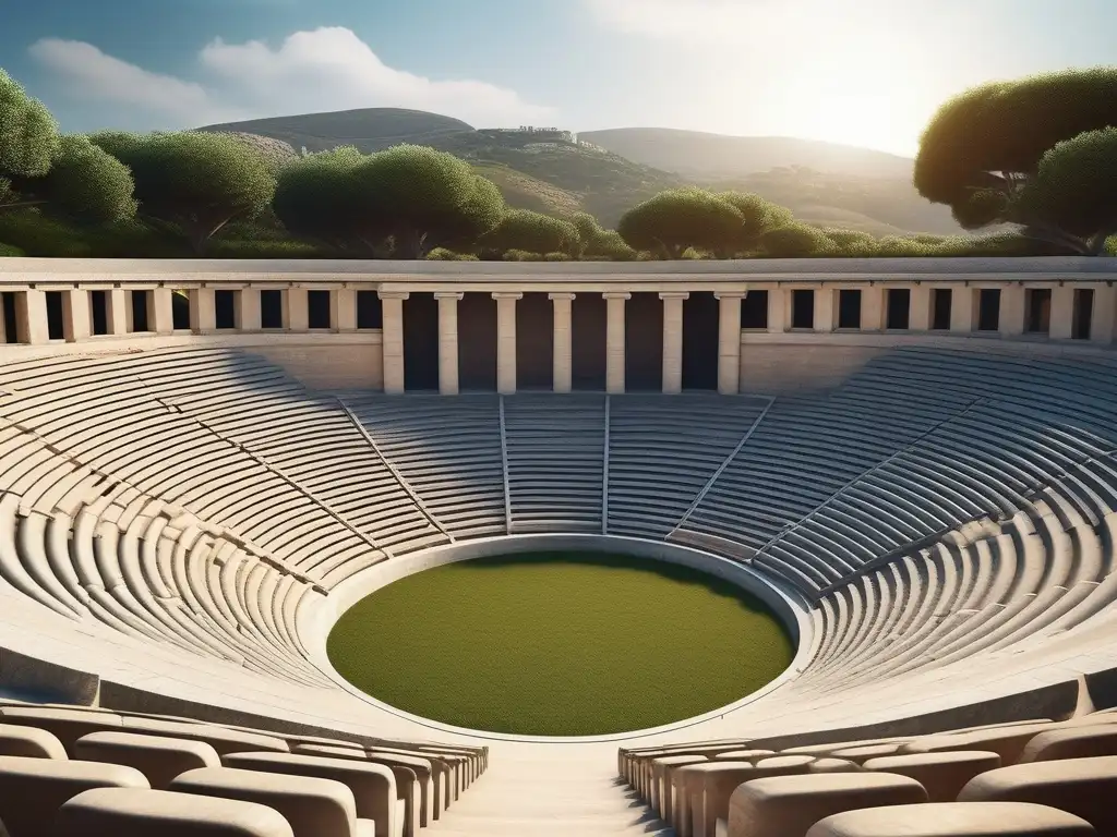 Influencia del teatro en la democracia griega: majestuoso anfiteatro griego rodeado de naturaleza