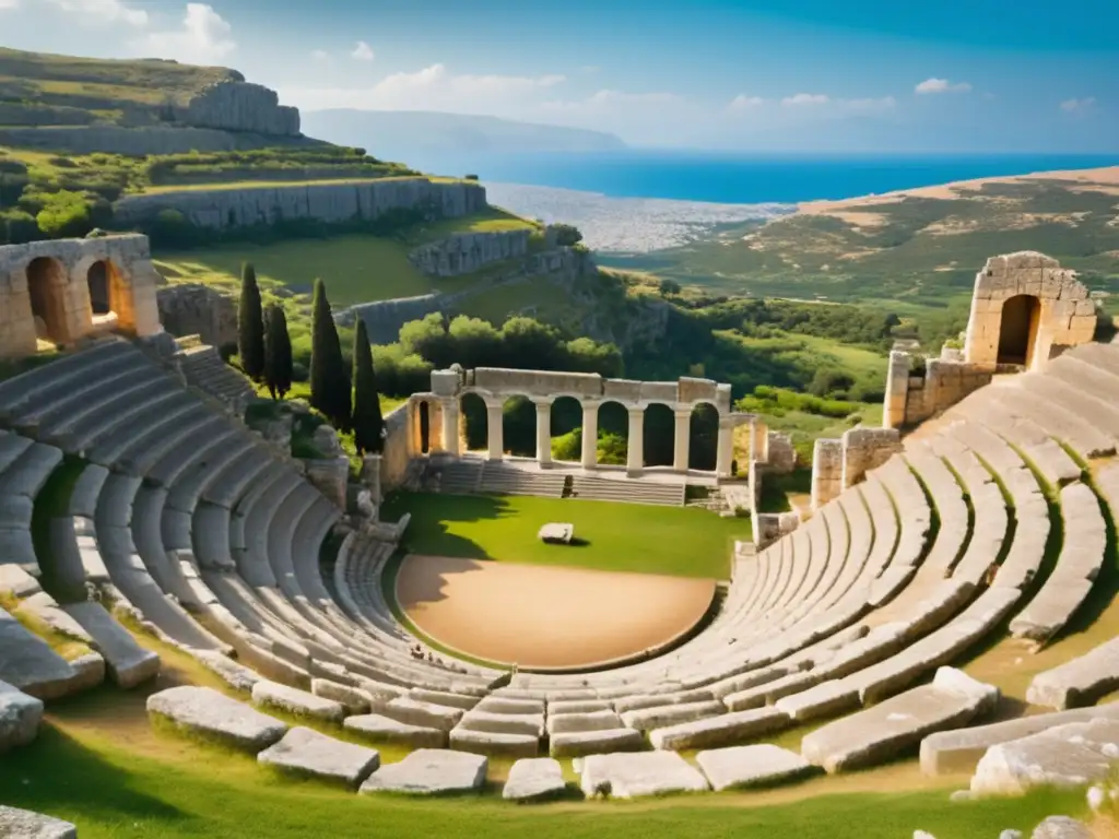 Importancia de embajadas en Grecia: Anfiteatro griego antiguo, majestuoso y elegante, con figura solitaria en primer plano