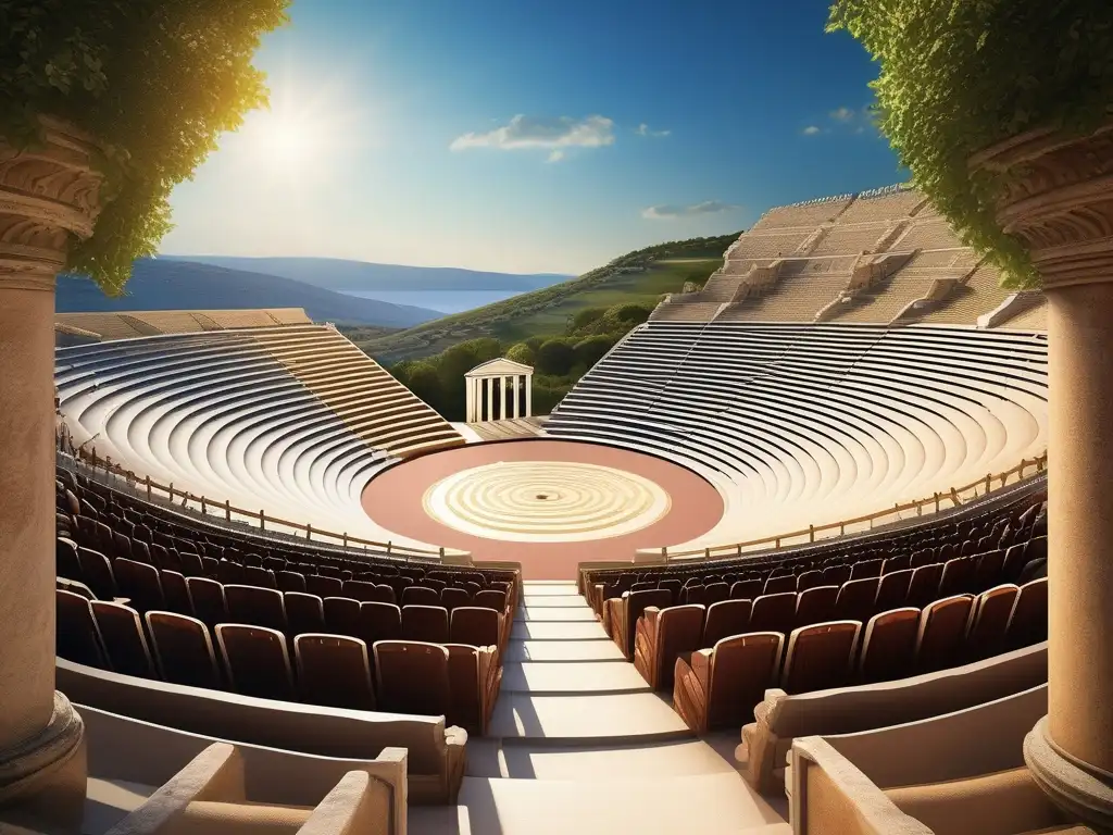 Celebraciones teatrales en la antigua Grecia en un anfiteatro griego con gran detalle y realismo