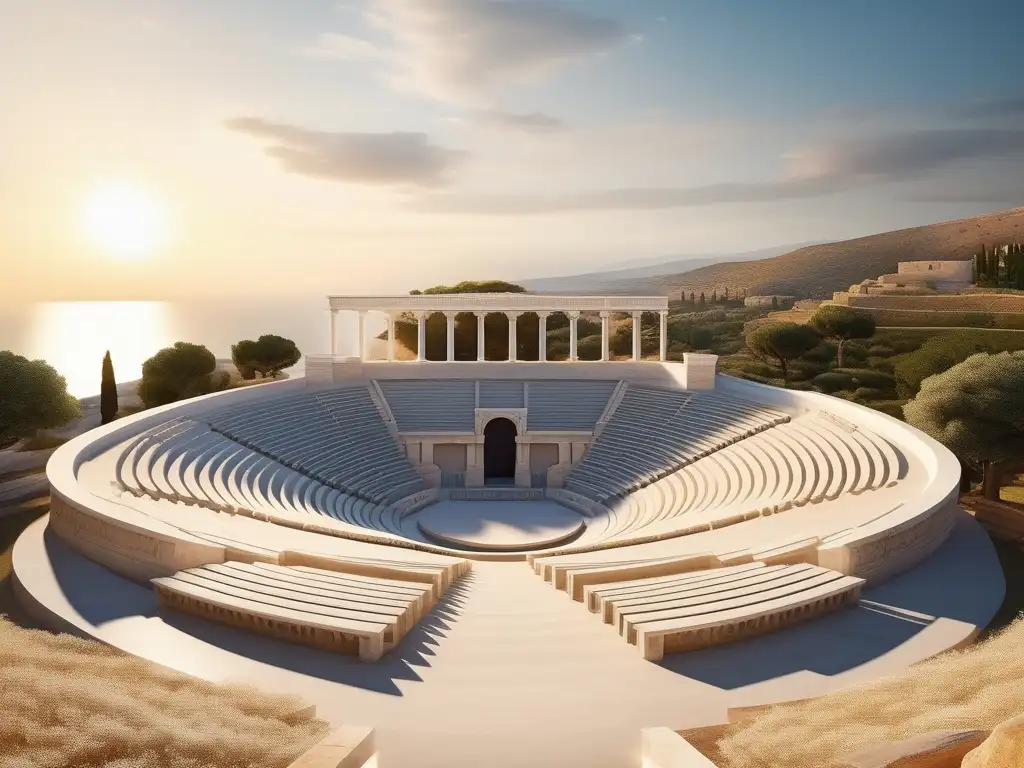 Anfiteatro griego antiguo con paisaje sereno y escena teatral, resaltando importancia de la poesía en Grecia