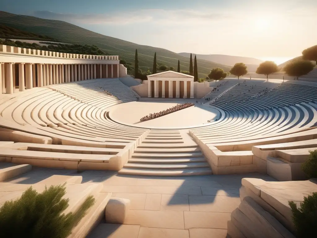 Amphitheater griego rodeado de colinas verdes, con gente vestida al estilo tradicional, disfrutando de una actuación lírica