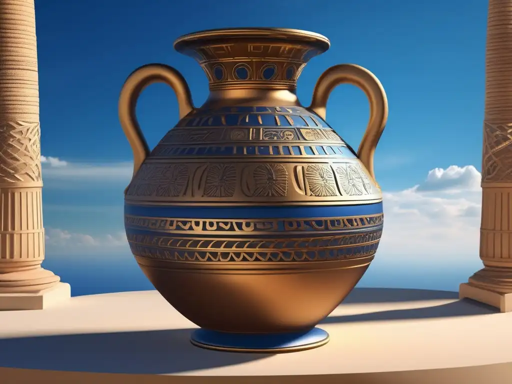 Amphora griega antigua con patrones y símbolos, representando la importancia cultural del ajo en la Antigua Grecia