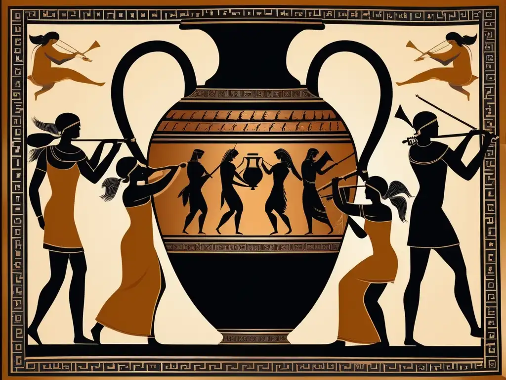 Amphora griega antigua con epigramas y canciones cortas: elegante y detallada representación en negro o rojo con música, poesía y danza