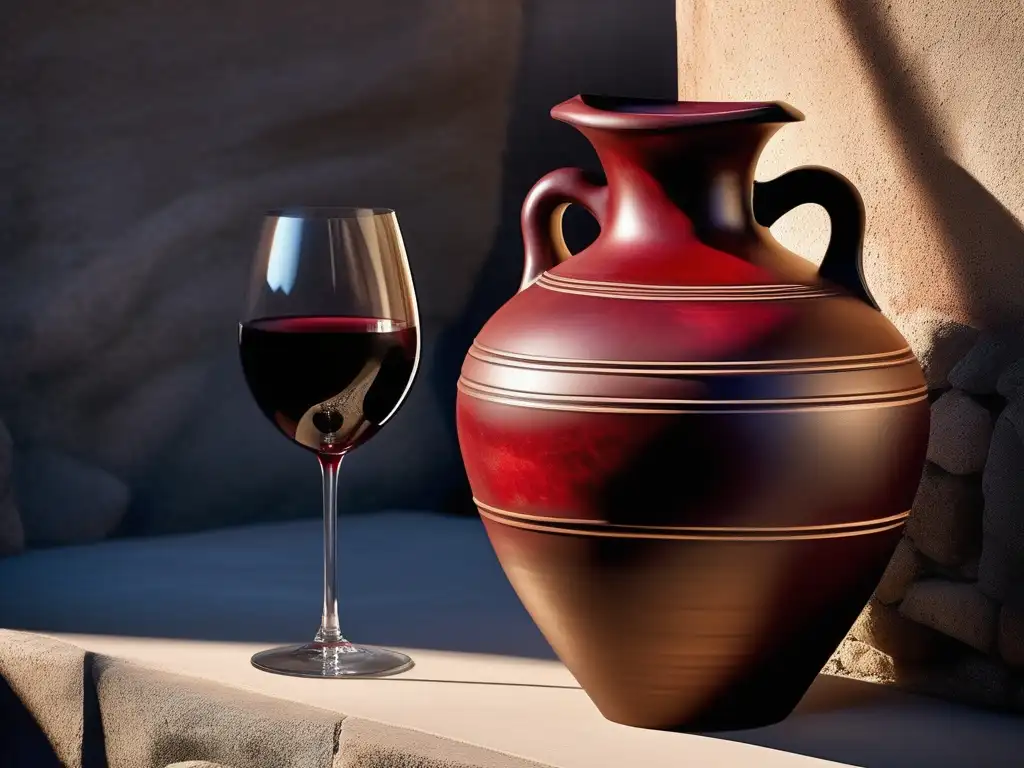 Imagen realista de una ánfora griega rústica llena de vino rojo intenso, sobre un pedestal de piedra desgastada