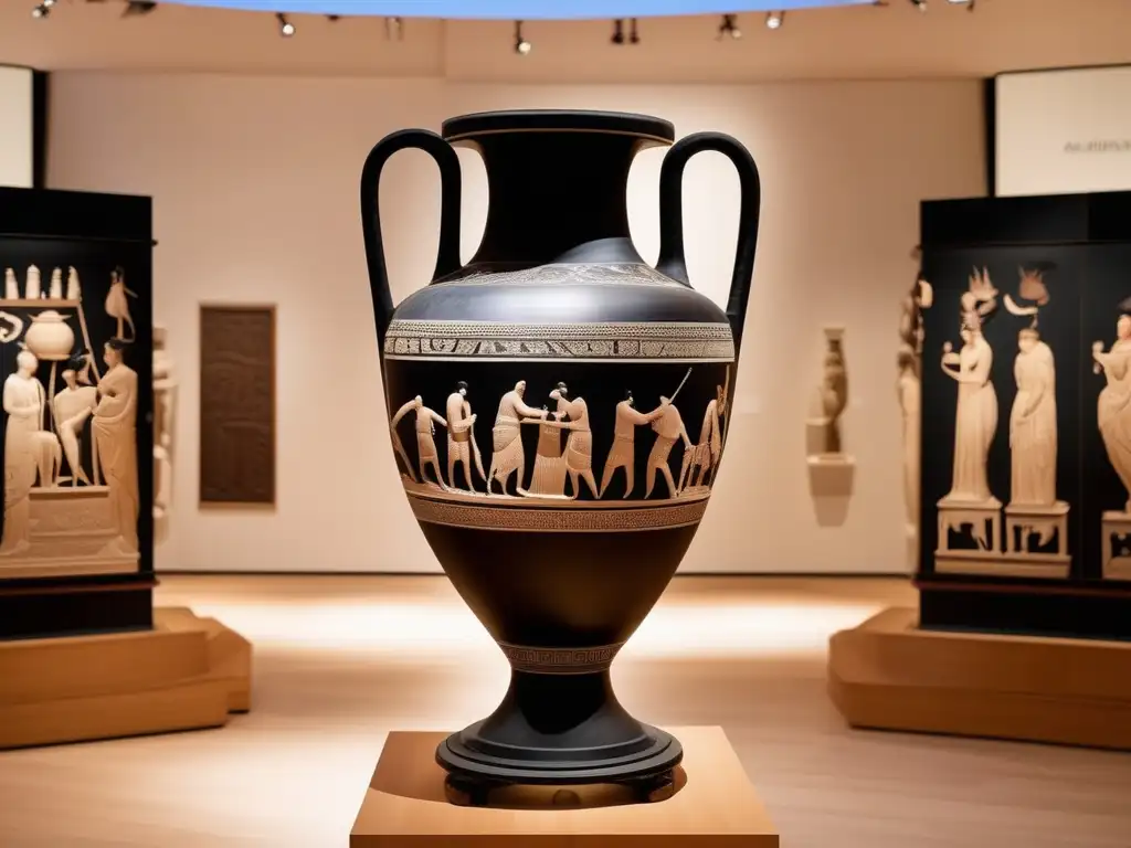 Amphora cerámica blanca con pinturas en negro que muestran escenas de la vida cotidiana en la antigua Grecia