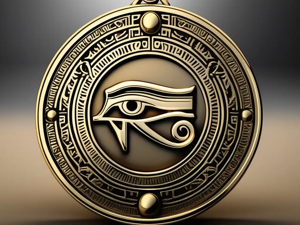 Amuleto antiguo de oro con ojo de Horus, mano de Fatima y rueda solar, símbolos de protección y poder