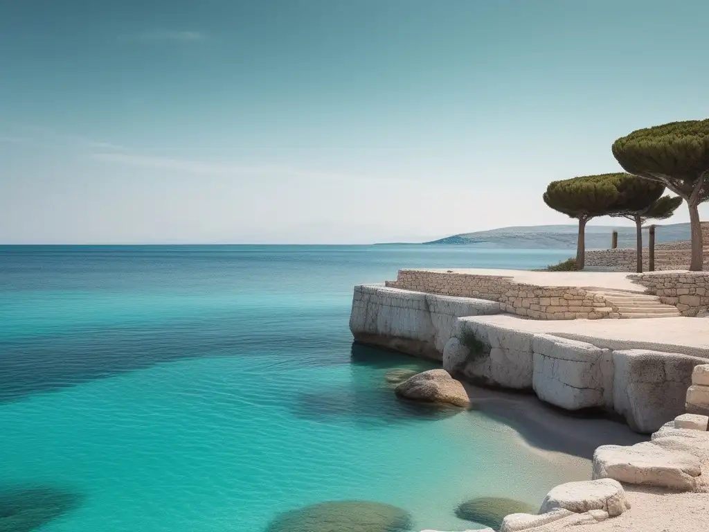 Avances científicos en la antigua Grecia: costa serena con figura solitaria mirando al mar