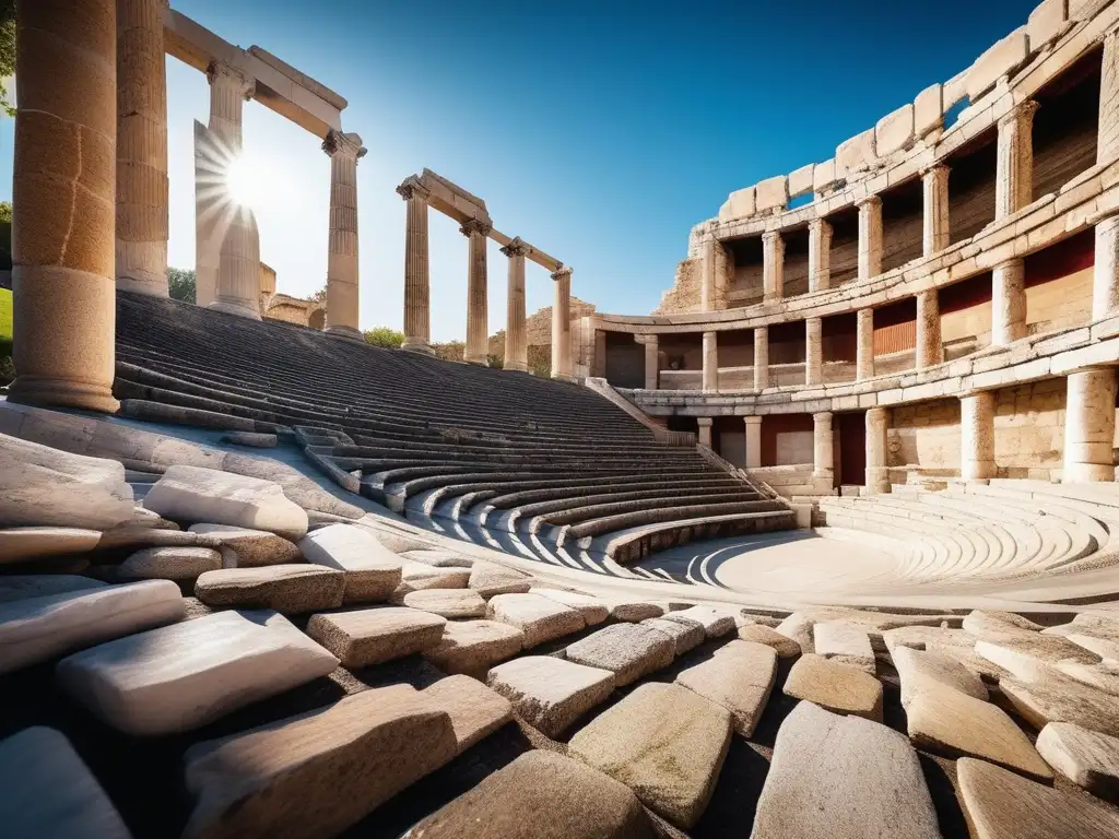 Detalle de la construcción en piedra del antiguo teatro griego: acústica y texturas