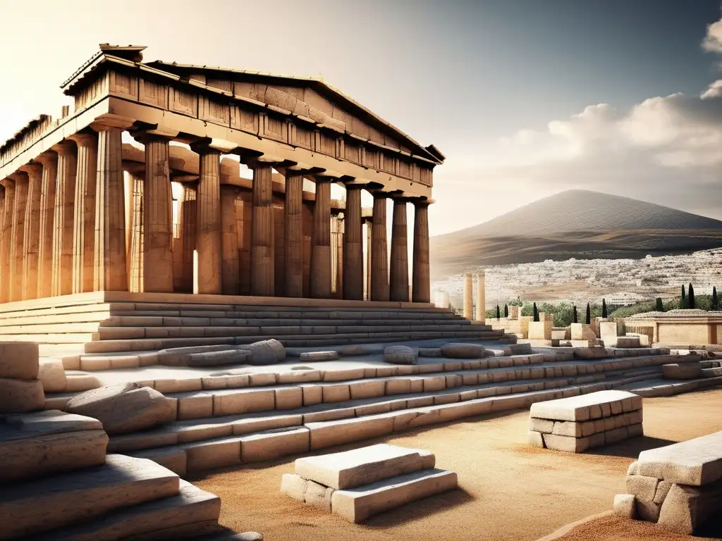 Herramientas de construcción en la Antigua Grecia: imagen detallada de un sitio de construcción griego con andamios y entablillados
