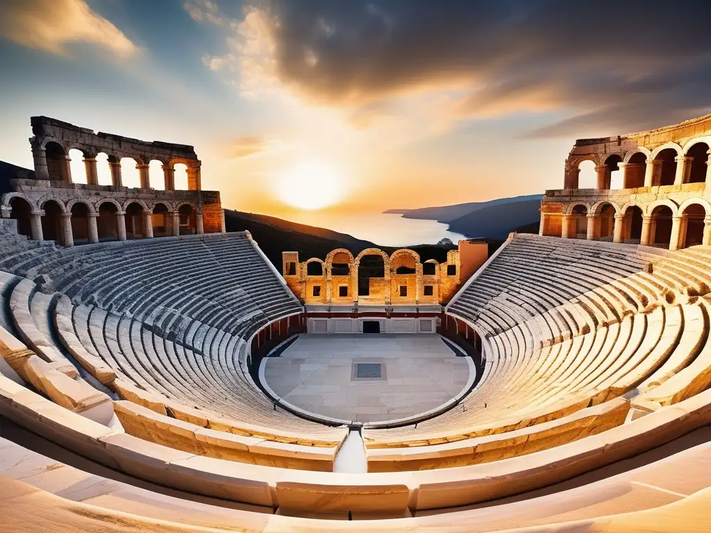 Importancia del coro dramático en Grecia: espectáculo al atardecer con Apollo, estatua y coro en anfiteatro griego