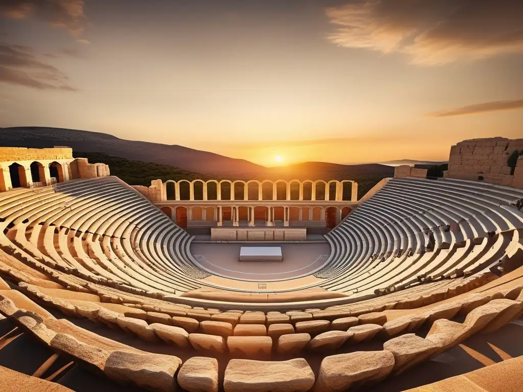 Retórica en Grecia: Imagen impactante de un anfiteatro griego al atardecer, resaltando su importancia histórica