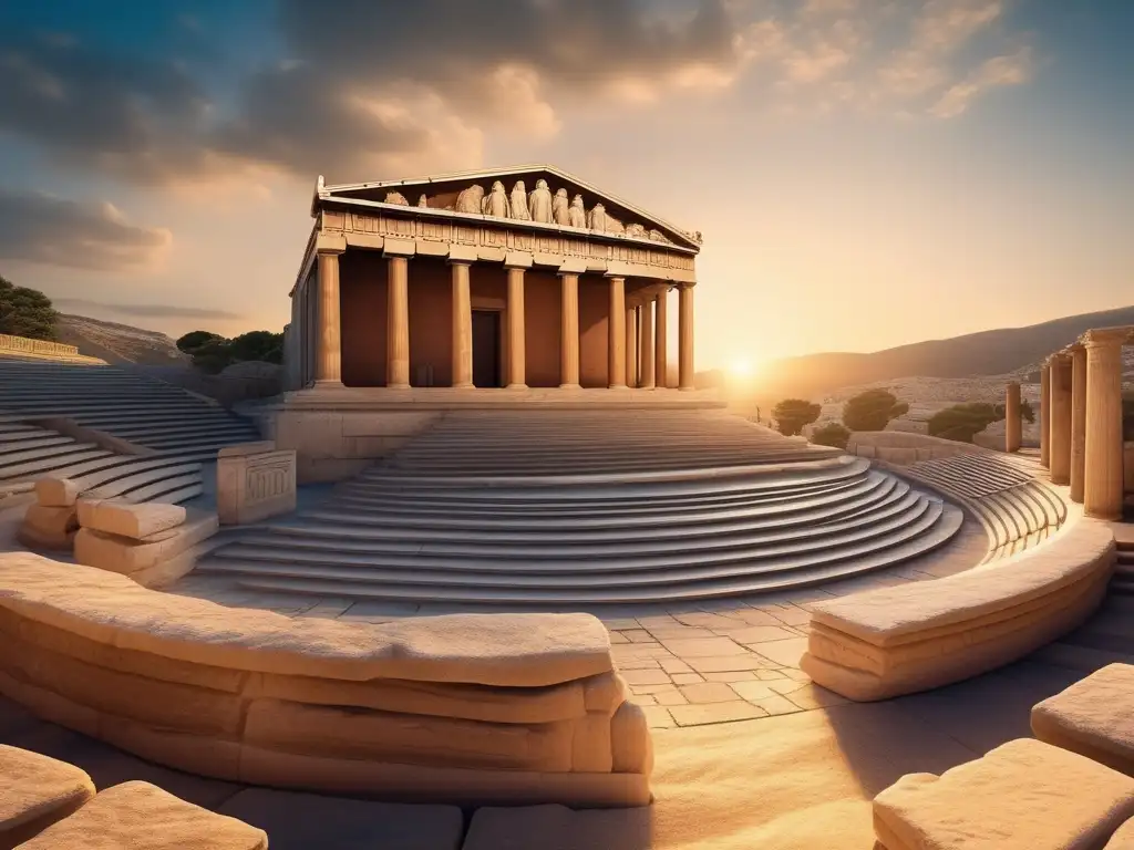 Amphitheater griego al atardecer con estudiantes explorando los filósofos presocráticos olvidados