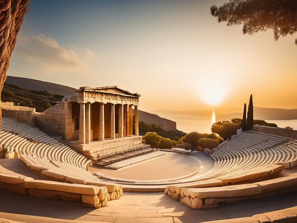 Anfiteatro griego al atardecer, con tonos dorados y olivos, evocando epigramas y canciones cortas griegas