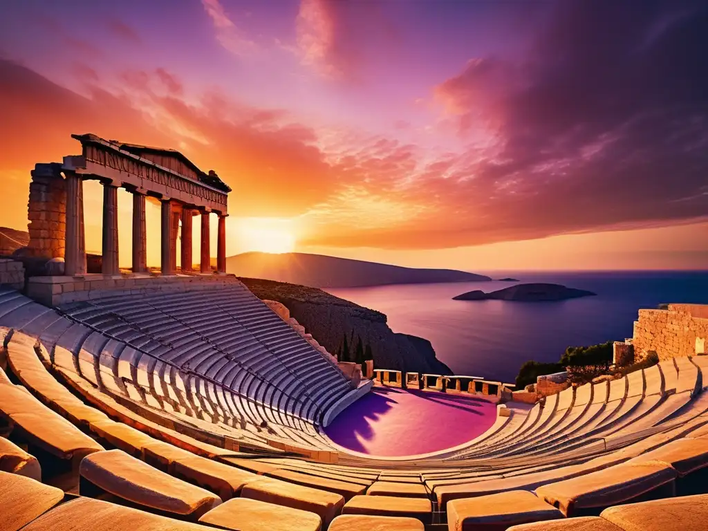 Emociones en música griega antigua: Anfiteatro griego al atardecer, con pintoresco pueblo costero y cielo vibrante de colores