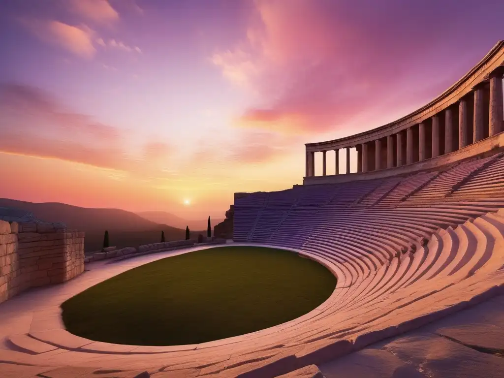 Hermosa imagen del anfiteatro griego antiguo al atardecer, con un solo personaje mirando hacia arriba