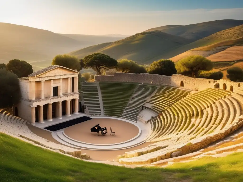 Anfiteatro griego antiguo al atardecer, influencia musical de la Antigua Grecia