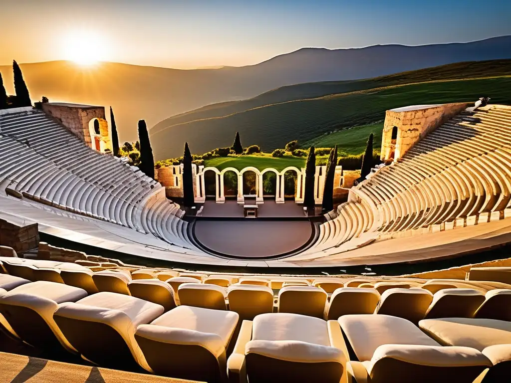 Influencia del teatro griego en dramaturgia moderna, impresionante anfiteatro al atardecer