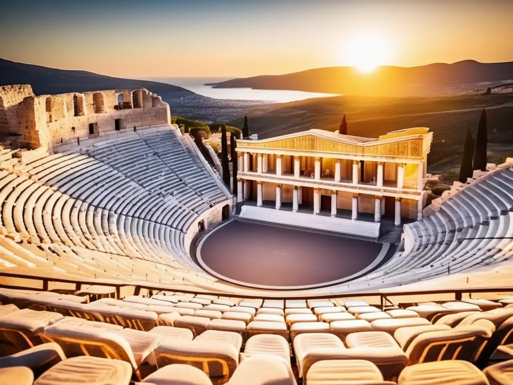 Importancia del teatro en la Antigua Grecia: Majestuosidad de un anfiteatro griego antiguo al atardecer