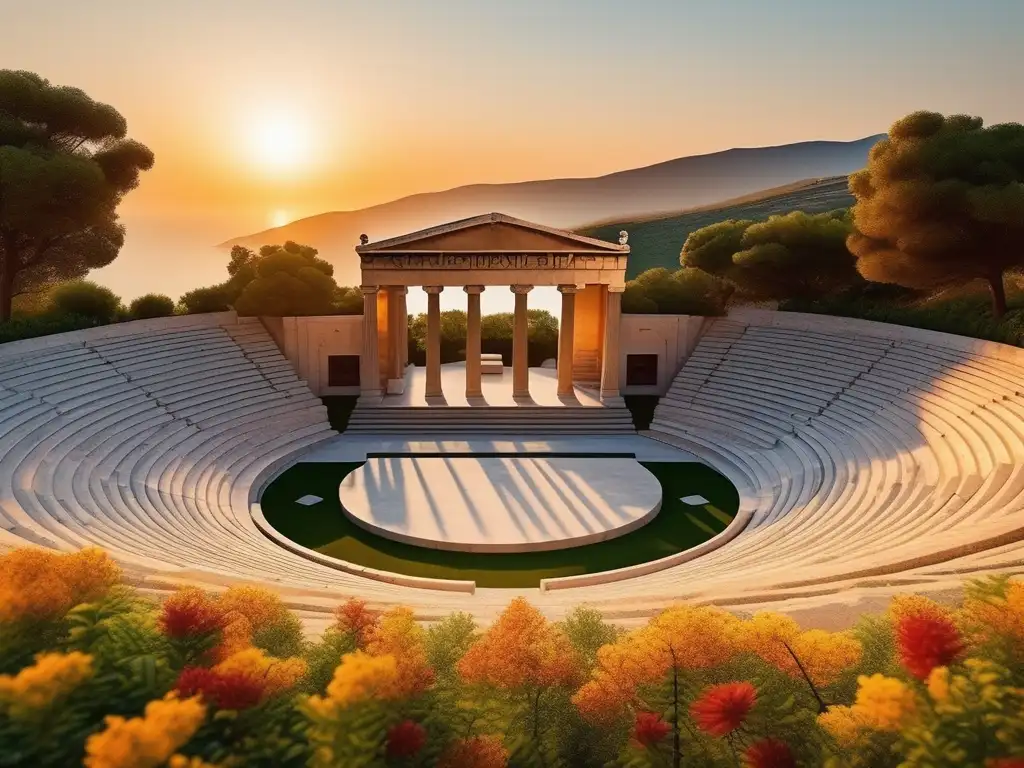 Anfiteatro griego al atardecer con vegetación exuberante, flores vibrantes y actores en trajes tradicionales