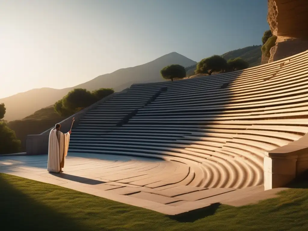 Influencia del teatro griego en Occidente: Anfiteatro griego bañado por la cálida luz del atardecer, rodeado de vegetación exuberante y columnas de mármol majestuosas, vacío y tranquilo