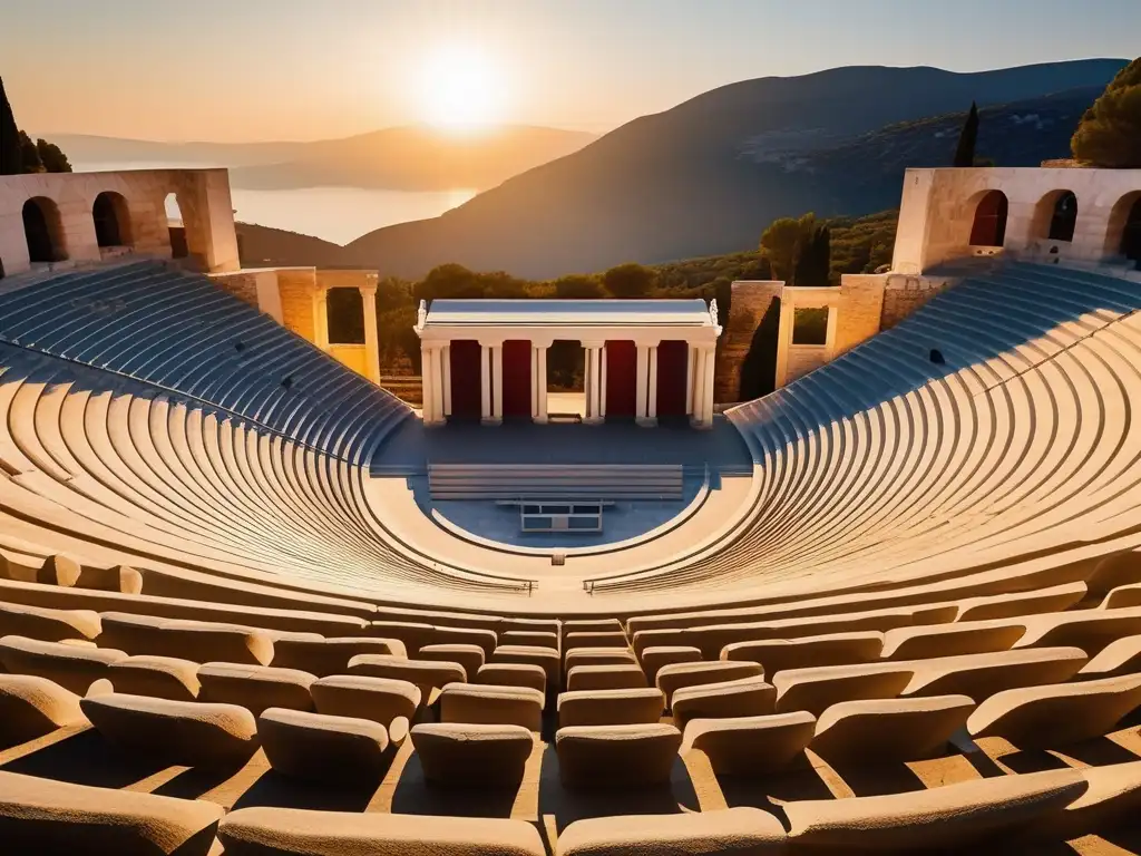 Influencia del teatro griego en dramaturgia moderna: Anfiteatro griego al atardecer, con rayos dorados del sol y sombras largas en asientos de piedra