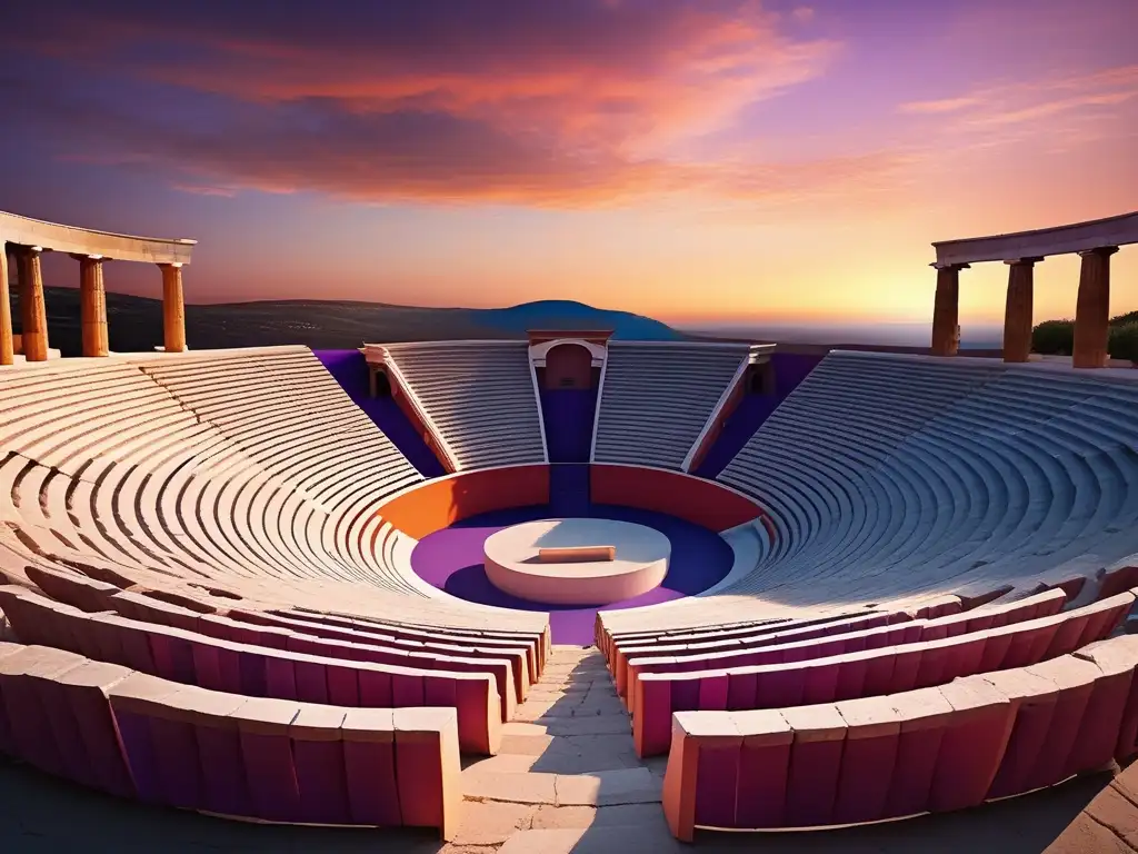 Música Griega: Anfiteatro sereno al atardecer con músico y elementos arquitectónicos