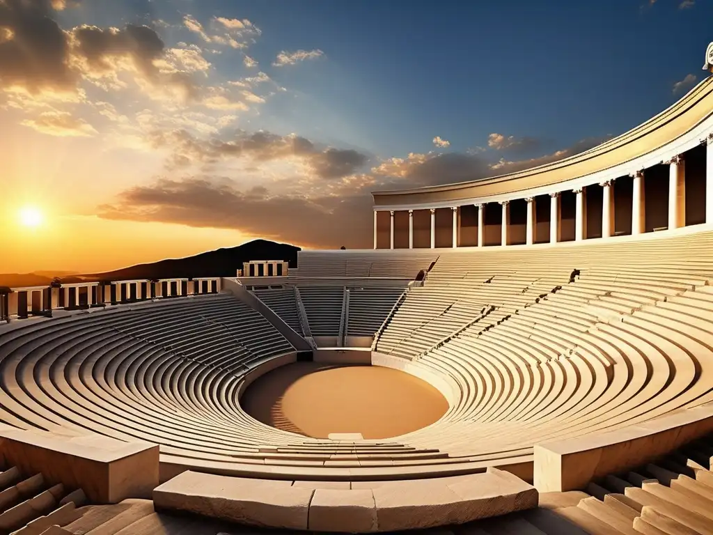 Anfiteatro griego al atardecer, con máscaras de tragedia y comedia