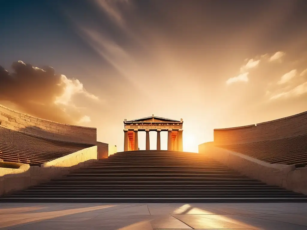 Amphitheater en la puesta de sol, resaltando la belleza histórica y cultural del Festival Dionisias Urbanas en la antigua Grecia